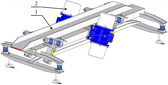 Vibrating conveyor with an inertial exciters, where:  1 – working body (tray); 2 – inertial exciters (concentrated masses)