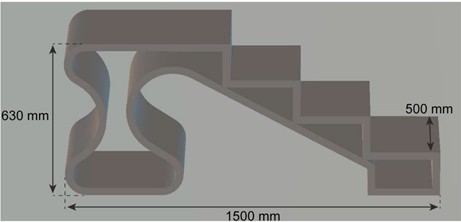 3D-printing of a staircase using the optimum 3D-printable geopolymer mixture (M5):  a) 3D model of the staircase; b) during 3D-printing process; c) 3D printed staircase [11]