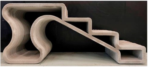 3D-printing of a staircase using the optimum 3D-printable geopolymer mixture (M5):  a) 3D model of the staircase; b) during 3D-printing process; c) 3D printed staircase [11]