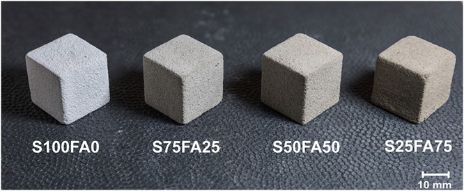 Powder-based 3D printed green cubes using geopolymer powders  with different slag/fly ash ratios [12]