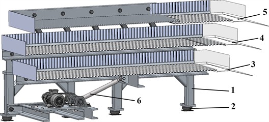 General design of the shaking conveyor with three transporting and screening trays
