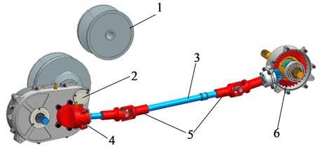 Transmission system of Baja off-road vehicle: 1 – rubber belt type CVT; 2 – two stage reduction gear; 3 – drive shaft length 760 mm (the display has been shortened to 250 mm);  4 – transfer case; 5 – gimbal; 6 – differential