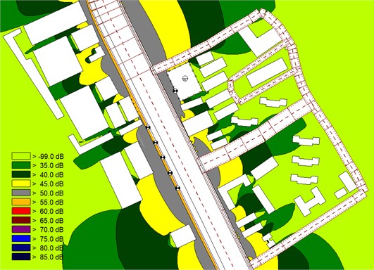 Map of the night noise results of the Huangsha Avenue – Inner Ring Road Elevated Bridge  with noise reduction measures in place
