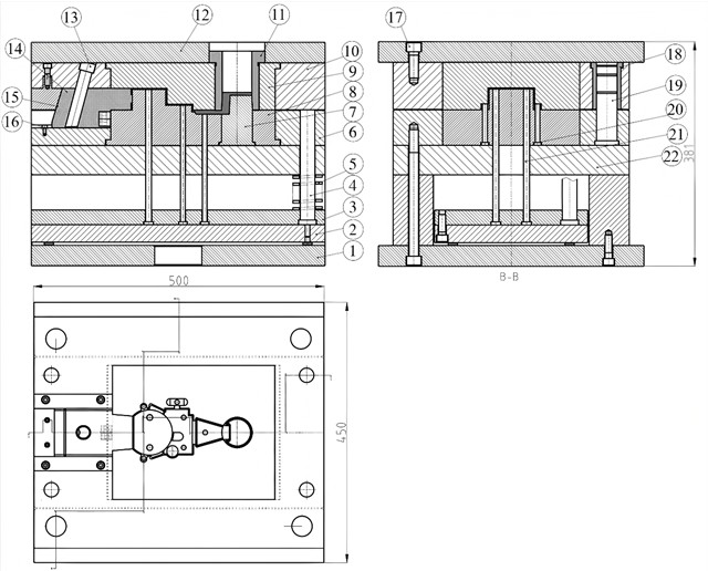 Assembly drawing: 1 – moving mold base plate; 2 – ejector plate; 3 – ejector retainer plate;  4 – return pin; 5, 22 – spring; 6 – moving mold plate; 7 – gate core; 8 – core; 9 – cavity; 10 – fixed mold plate; 11 – sprue bushing; 12 – fixed mold base plate; 13 – angle pin; 14 – slider; 15 – wedge block;  16 – limit screw; 17 – screw; 18 – guide pillar; 19 – guide bush; 20, 21 – ejector pin; 22 – support plate