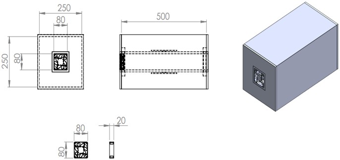 Schematic representation of the sealed electronic cabinet with overall dimensions.  The central ventilation duct and the arrangement of electronic components are shown,  serving as the baseline model for CFD simulations