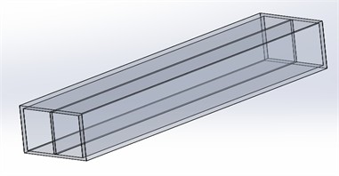 Ventilation duct model with one long fin attached. The figure illustrates how a single fin influences airflow distribution and heat dissipation within the channel