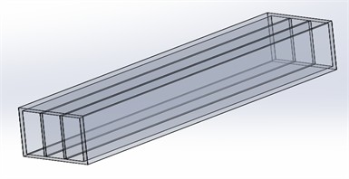 Ventilation duct model with two long fins. This configuration is examined to study the incremental improvement in convective heat transfer with additional fins