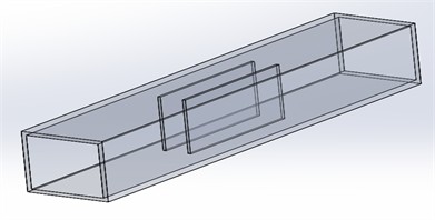Ventilation duct model with two short fins. The figure shows how limited fin length affects the balance between cooling performance and airflow resistance