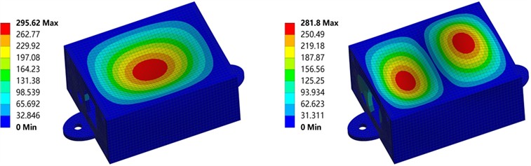 The first four natural frequency modes of the front receiver housing  of the electromagnetic imaging sensor
