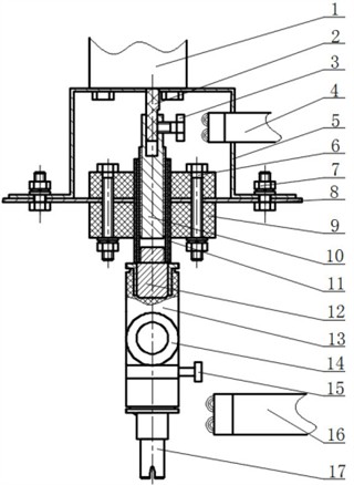 The schematic diagram of bottling positioning device: 1 – small-power-motors, 2 – fastening screw, 3 – joint bolt, 4 – proximity switch, 5 – generator bracket, 6 – fastening bolt, 7 – service bolt,  8 – support frame, 9 – guide block, 10 – thread rod, 11 – guiding bar, 12 – connection block, 13 – tee,  14 – water pipe, 15 – bolt hole alignment, 16 – proximity switch, 17 – water jet nozzle