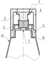 Sampling bottle cap: 1 – rubber gasket, 2 – plastic stopper, 3 – spring, 4 – upper bottle cap,  5 – lower bottle cap, 6 – bottle, 7 – leak-proof stopper, 8 – spring seat