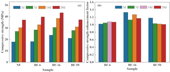 Effect of BF length on compressive strength (NF, non-fiber reinforced; SF, steel fiber  reinforced; BF-6, 6 mm basalt fiber reinforced; BF-16, 16 mm basalt fiber reinforced;  BF-50, 50 mm basalt fiber reinforced)