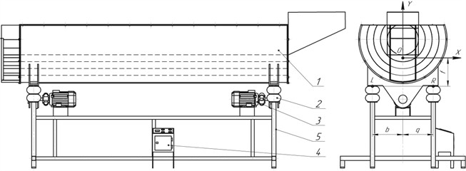 Scheme of the separator with pneumatic suspension: 1 – working container,  2 – pneumatic suspension, 3 – electric motor, 4 – control panel, 5 – frame