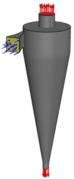 Schematic representation and computational grids of the a), b) standard  and c), d) modified hydrocyclone models used in the numerical simulation