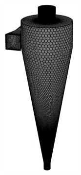 Schematic representation and computational grids of the a), b) standard  and c), d) modified hydrocyclone models used in the numerical simulation