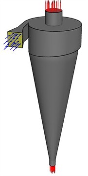 Schematic representation and computational grids of the a), b) standard  and c), d) modified hydrocyclone models used in the numerical simulation
