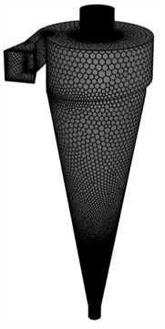 Schematic representation and computational grids of the a), b) standard  and c), d) modified hydrocyclone models used in the numerical simulation