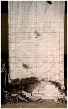 Final damage morphology effects of different shear wall specimens: a) GC15-3; b) JGC-5;  c) JGC-6. The author took on-site photos at a structural engineering laboratory  of a university in Sichuan Province on May 12, 2023