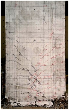 Final damage morphology effects of different shear wall specimens: a) GC15-3; b) JGC-5;  c) JGC-6. The author took on-site photos at a structural engineering laboratory  of a university in Sichuan Province on May 12, 2023