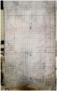 Final damage morphology effects of different shear wall specimens: a) GC15-3; b) JGC-5;  c) JGC-6. The author took on-site photos at a structural engineering laboratory  of a university in Sichuan Province on May 12, 2023