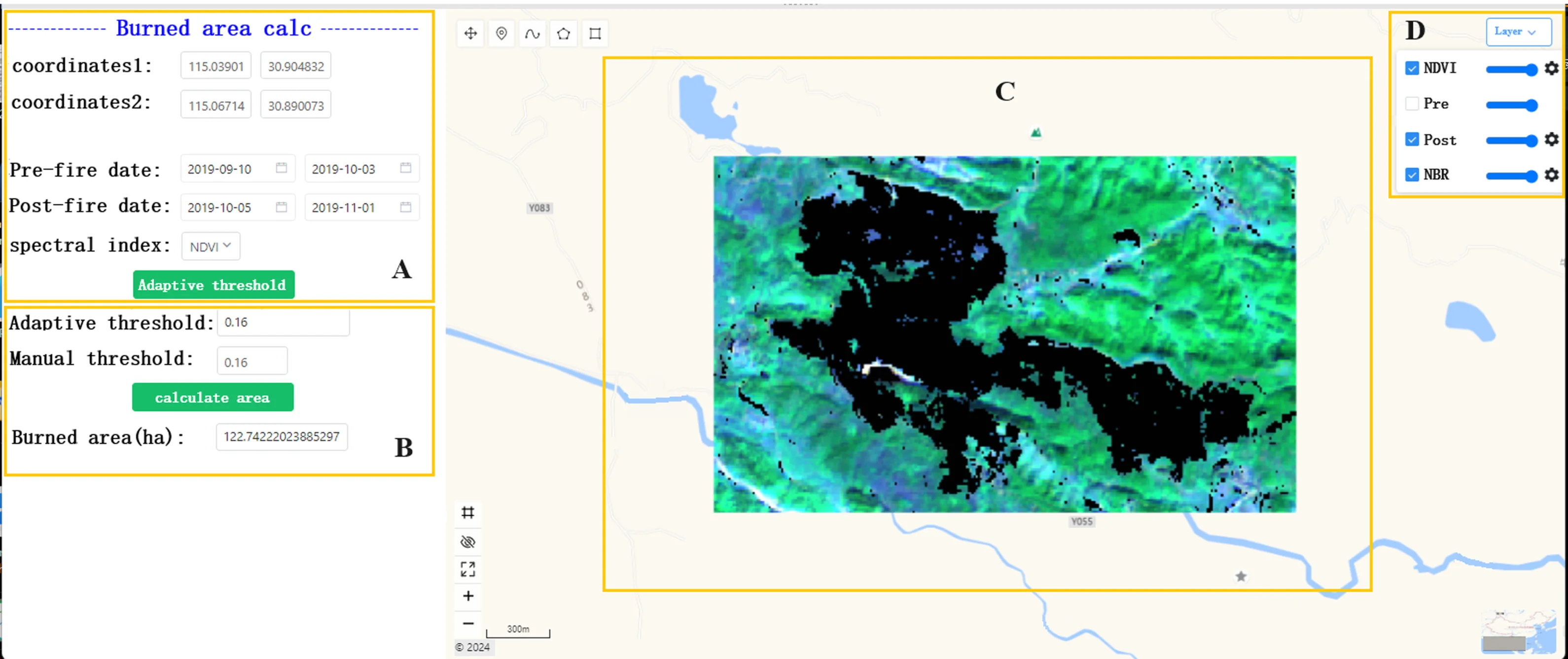 Rapid extraction of forest burned areas using Sentinel-2 satellite imagery on the PIE-engine platform