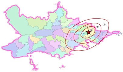 Earthquake isoseist map with scenario  y= 40.80; x= 72.30; H= 20 km; M= 6.4.  Source: Database of the Institute of Seismology