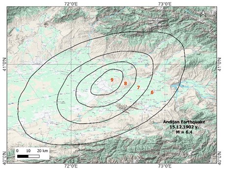 Isoseismal map of the 1902 Andijan earthquake (based on data from the Institutе of Sеismоlogy, Acadеmy оf Sciences of the Rеpublic of Uzbеkistan)