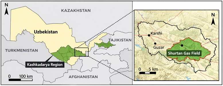 Location of the study area in Uzbekistan and extent of the analyzed local subarea in the Kashkadarya region: regional location of Kashkadarya within Uzbekistan (left); local demonstration area used for the integrated geospatial analysis (right). Base map prepared by the authors using administrative boundary data and Sentinel-2 imagery, spatial resolution 10 m
