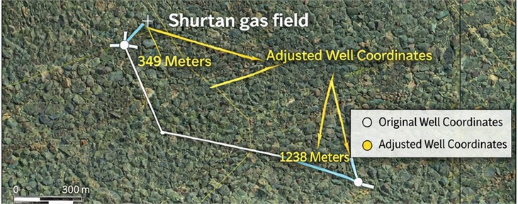 Satellite-based spatial interpretation of adjusted well locations in the Shurtan gas field within the broader Kashkadarya study area based on integrated geospatial analysis