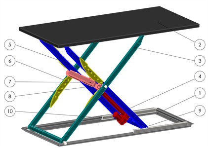 General view and main structural components of the scissor lift design: 1 – lower base;  2 – upper platform; 3, 4 – outer and inner levers; 5, 6 – guides; 7 – traction crossbar;  8 – guide roller; 9 – support roller; 10 – drive motor