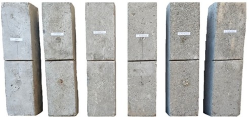 Concrete prism specimens with added combination of steel and basalt fibers. Photo taken by Bakhtiyor Maksud Ugli at the Namangan State Technical University Laboratory, April 2025