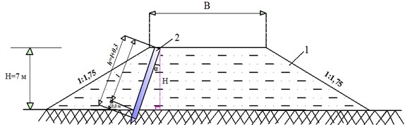 Computational scheme of determining the length of a reinforced concrete pile:  1 – subgrade in the railway; 2 – reinforced concrete pile