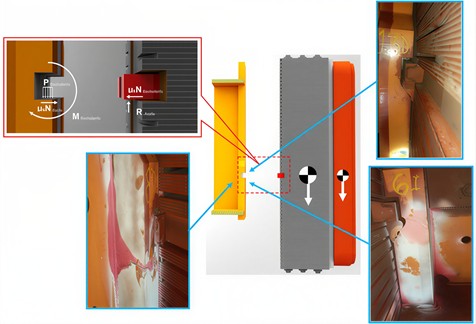 Damage area, detailed view of arm and polar rim of rotating parts [12].  Photograph was taken at the unit under study by P. Hernandez on December 15, 2022