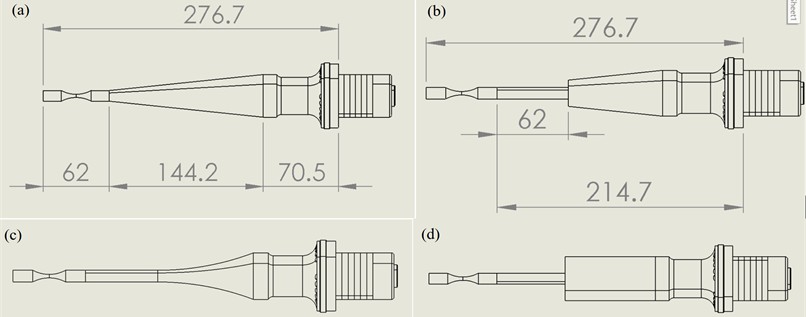 Different horn geometries: a) conical, b) stepped-conical, c) exponential, d) stepped-cylindrical