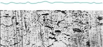 Profilogram and microstructure of the roller–bushing pair consisting of a borotitanized steel roller and a bushing made of hard alloy composite (20GL steel – PG-S27 + 4 % B4C), after laboratory tests (magnification: horizontal – ×100, vertical – ×500), and surface microstructure (×100):a) roller – 35GL steel with borotitanized coating; b) bushing – composite of 20GL steel with hard alloy PG-S27 + 4 % B4C