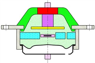 Configuration of the bell plate hydraulic mount: a) schematic, b) physical model