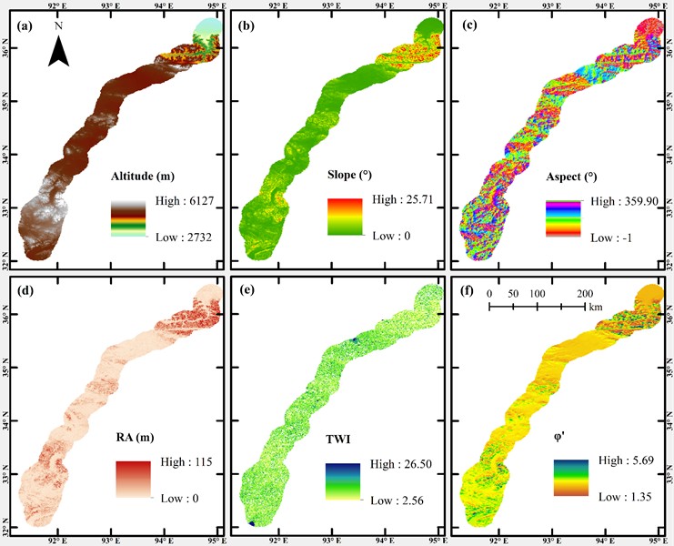 Topography-related factors for deformation; a)-f) are elevation, slope, aspect,  topographic relief, topographic moisture index, and equivalent latitude index, in that order