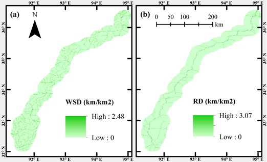 a) River density and b) road network density per unit raster area