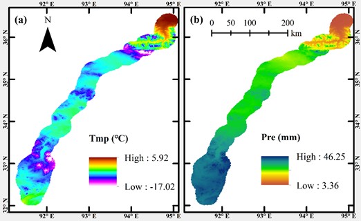 a) Annual average temperature and b) annual average precipitation of meteorological elements