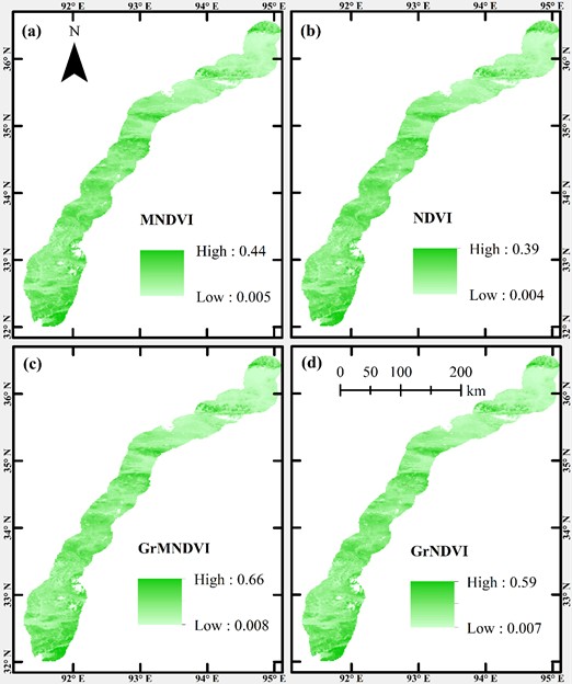 Surface vegetation parameters: a) monthly maximum synthetic NDVI multi-year average;  b) monthly mean synthetic NDVI multi-year average; c) monthly maximum  NDVI multi-year average during the growing season (May-September each year);  d) monthly mean NDVI multi-year average during the growing season