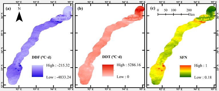 Frozen soil characteristics parameters:  a) freezing index; b) melting index; c) surface freezing number