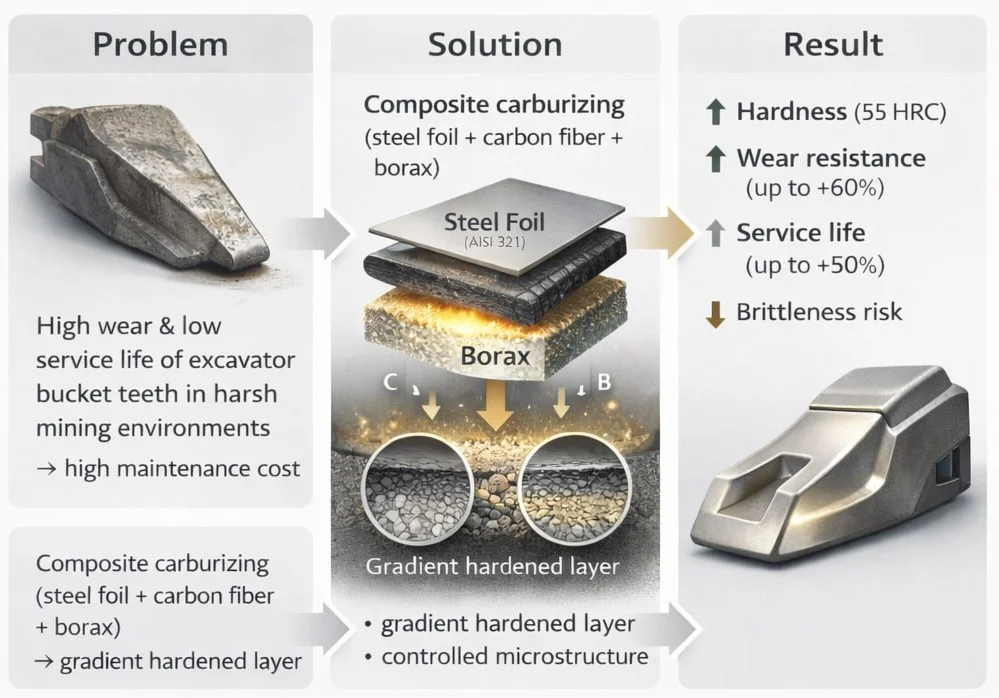 Technology of surface hardening of teeth of excavator buckets by composite carburizing method