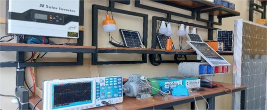 Research experiment process of an asynchronous motor electromagnetic converter powered by a single-phase power grid powered by solar panels. The photograph was taken by S. Azamov on 18 October 2024 in the Electrical Engineering Department Laboratory of Andijan State Technical Institute