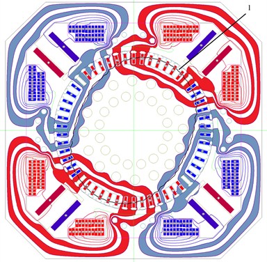 Equipotential lines of the vector magnetic potential and the distribution of induction of the ED-118b TED model, where 1 is the distribution of induction along the normal in the lower part of the anchor body