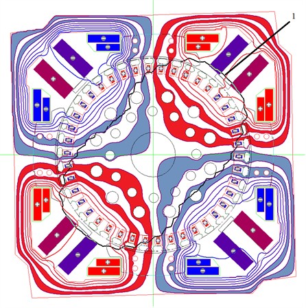 Equipotential lines of the vector magnetic potential of the TED model NB-406 and the distribution of induction, where 1 is the distribution of induction along the normal at the bottom of the anchor slot