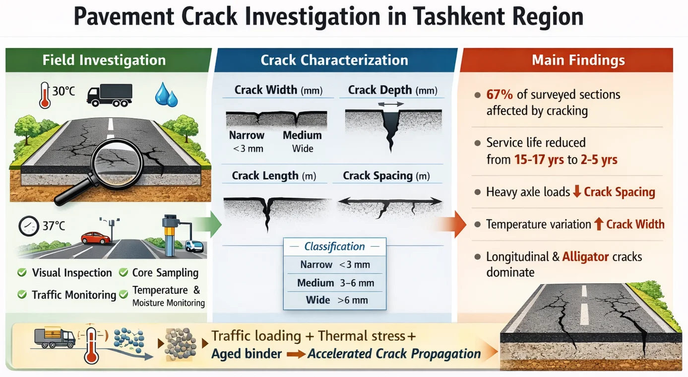 Crack investigation on automobile roads in Tashkent region