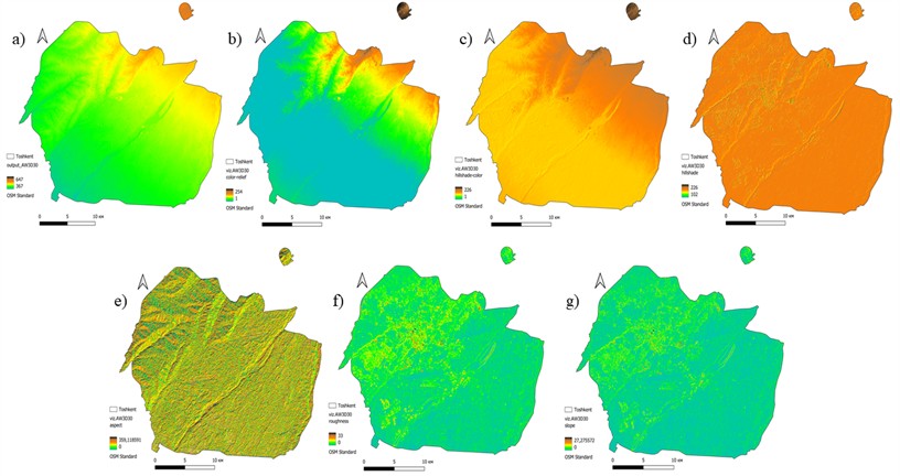 Morphometric maps of Tashkent city based on the AW3D30 DEM from OpenTopography,  showing key terrain features for urban and infrastructure planning