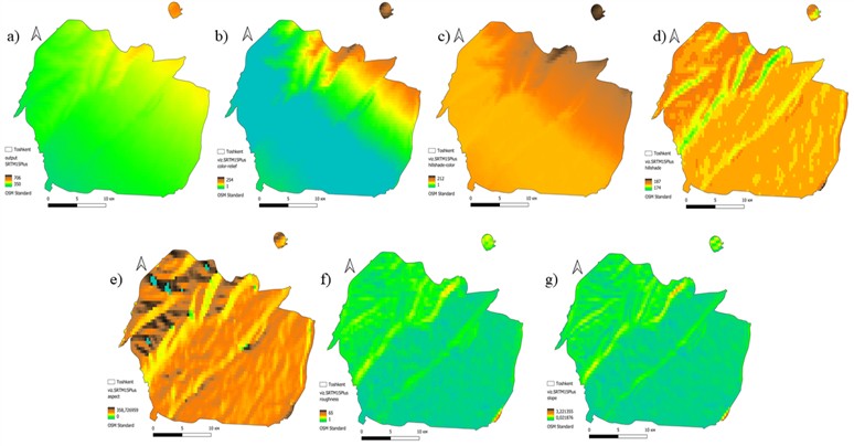 Morphometric maps of Tashkent city derived from the SRTM15Plus DEM,  highlighting terrain features at coarse resolution