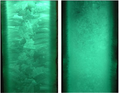 Macrostructures of the control and experimental camphene alloy blanks in the longitudinal axial plane. The photograph was first taken by Uzdieva N.S. and Vakhidova K.L. in 2019 at the “Nanotechnology and Nanomaterials” Collective Use Research Center of the Groznian State Oil Technical University