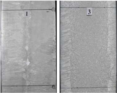 Macrostructures of the control and experimental blanks made of aluminum alloy AD35 in the longitudinal axial plane. The photograph was first taken by Uzdieva N.S. and Vakhidova K.L. in 2019 at the “Nanotechnology and Nanomaterials” Collective Use Research Center of the Groznian State Oil Technical University